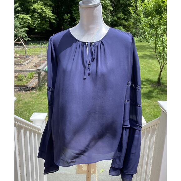 Parker Women 100% Silk Blouse Round Neck Tiered Sleeves Career Wear Navy Blue S - Picture 1 of 11